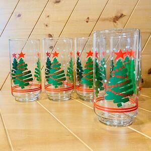 Vintage Libbey Holiday Glass Set Of 4 Christmas Trees Tumblers Drinking Glasses